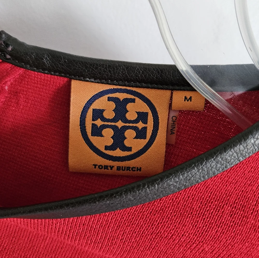 Tory Burch Wool Leather Trim Sleeveless Dress Red Black